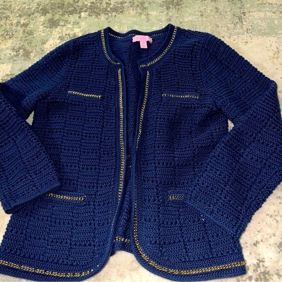 Lilly Pulitzer Navy Crochet Cardigan with Gold Accents - Picture 1 of 6